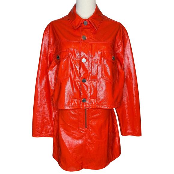 Fiorucci Berty Vinyl Jacket and Vinly Mini Skirt Set Matching Orange Outfit 2pc - Picture 1 of 10